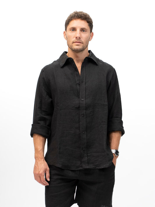 Linen Button-up Shirt EREV Black for Men