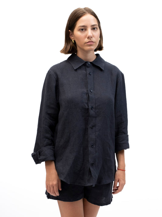 Linen Button-up Shirt EREV Marine Blue